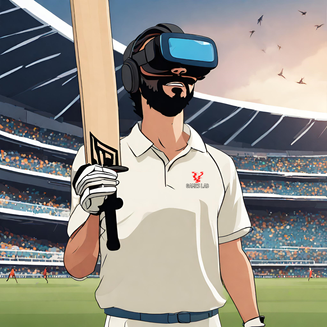 Man wearing VR headset in cricket stadium